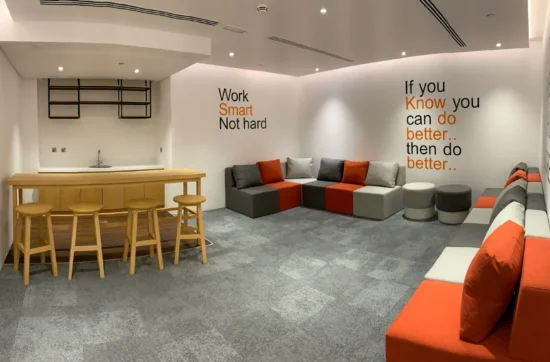 Dynamic Work Pods beside Artistic Glass Partition